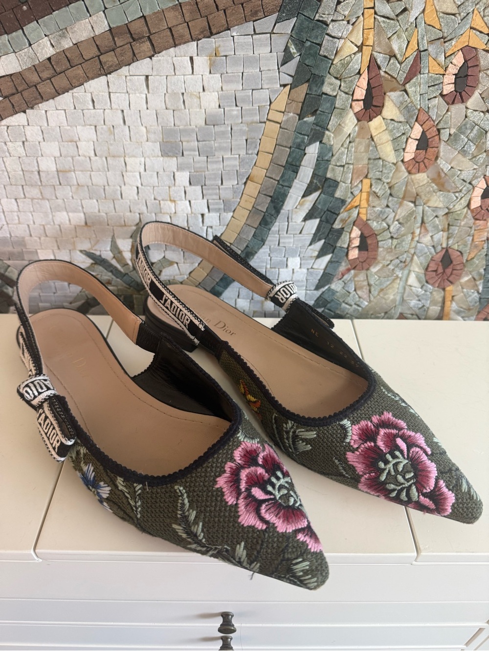 Dior Olive Green Floral Embroidered Slingback Flats with Pink Blooms